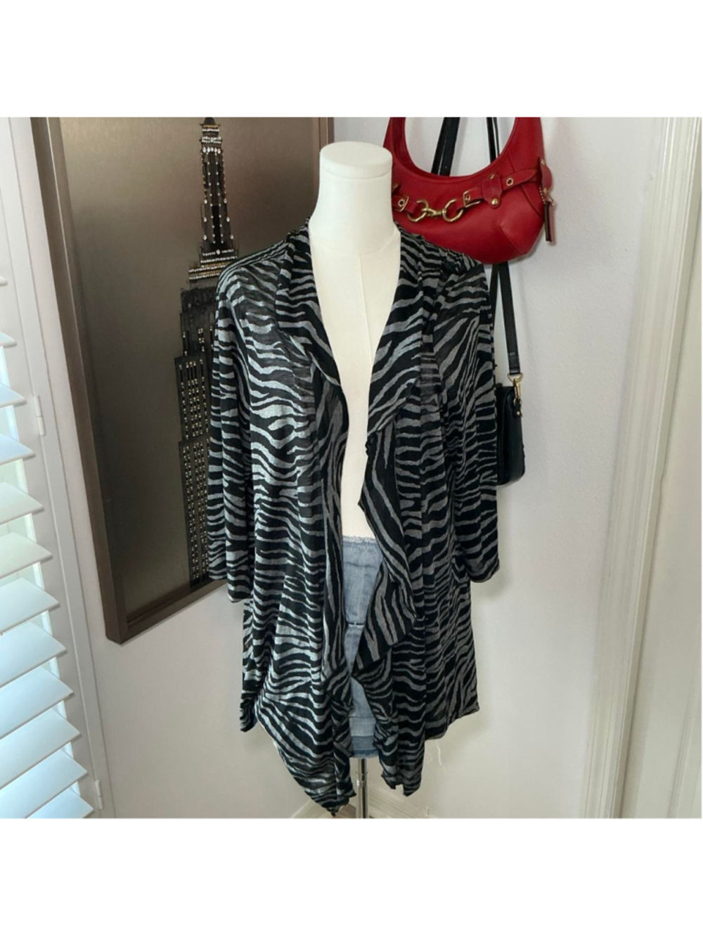 Fashion Bug Black Gray Zebra Print Open Front Cardigan Size XL